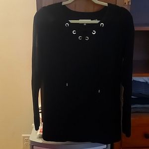 Awesome Black sweater with gold grommet and tie embellishments